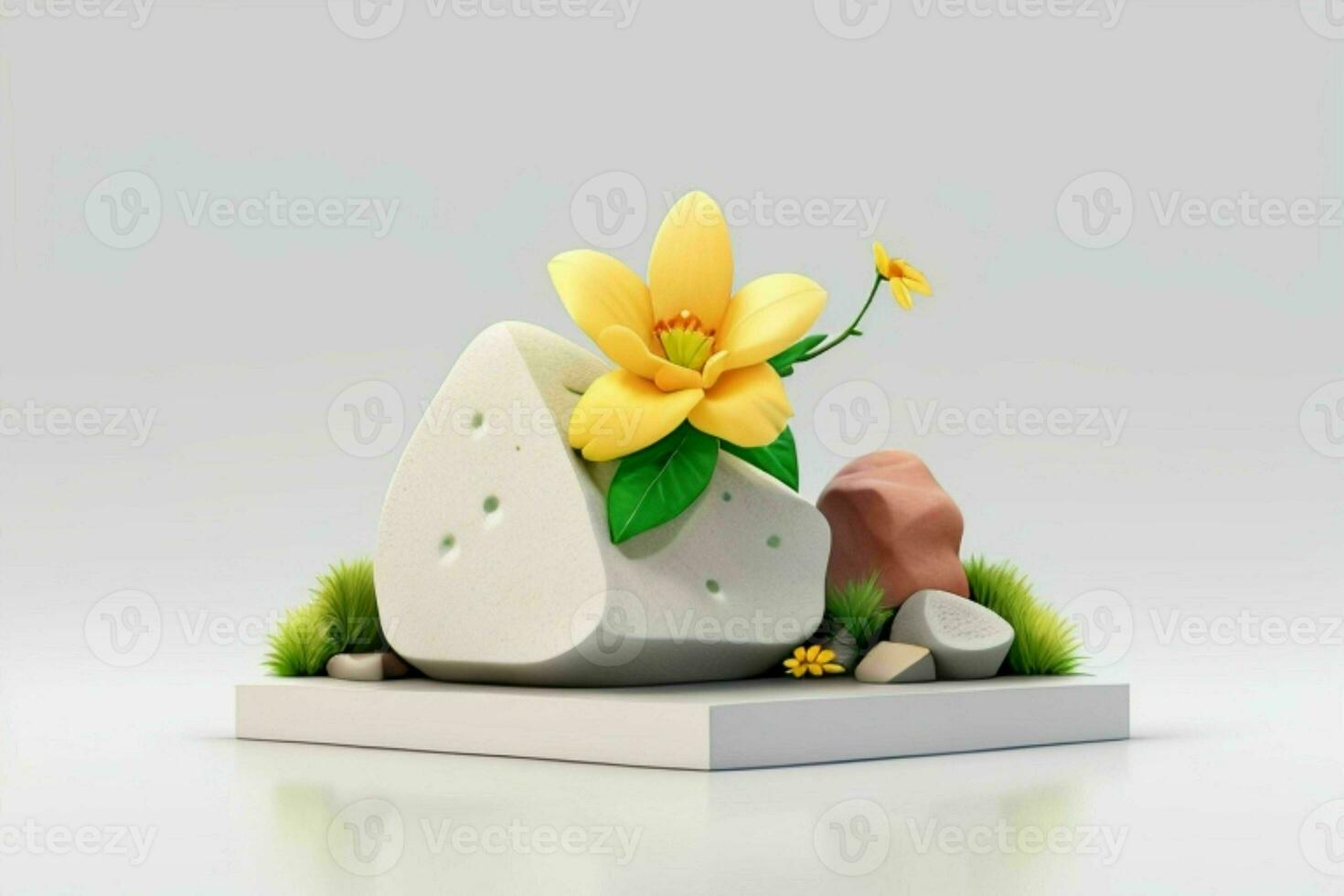 AI generated 3D display podium stone with flowers, green leaves, and rock for Presentation of the product. Pro Photo