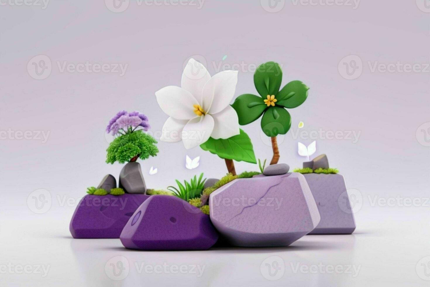 AI generated 3D display podium stone with flowers, green leaves, and rock for Presentation of the product. Pro Photo