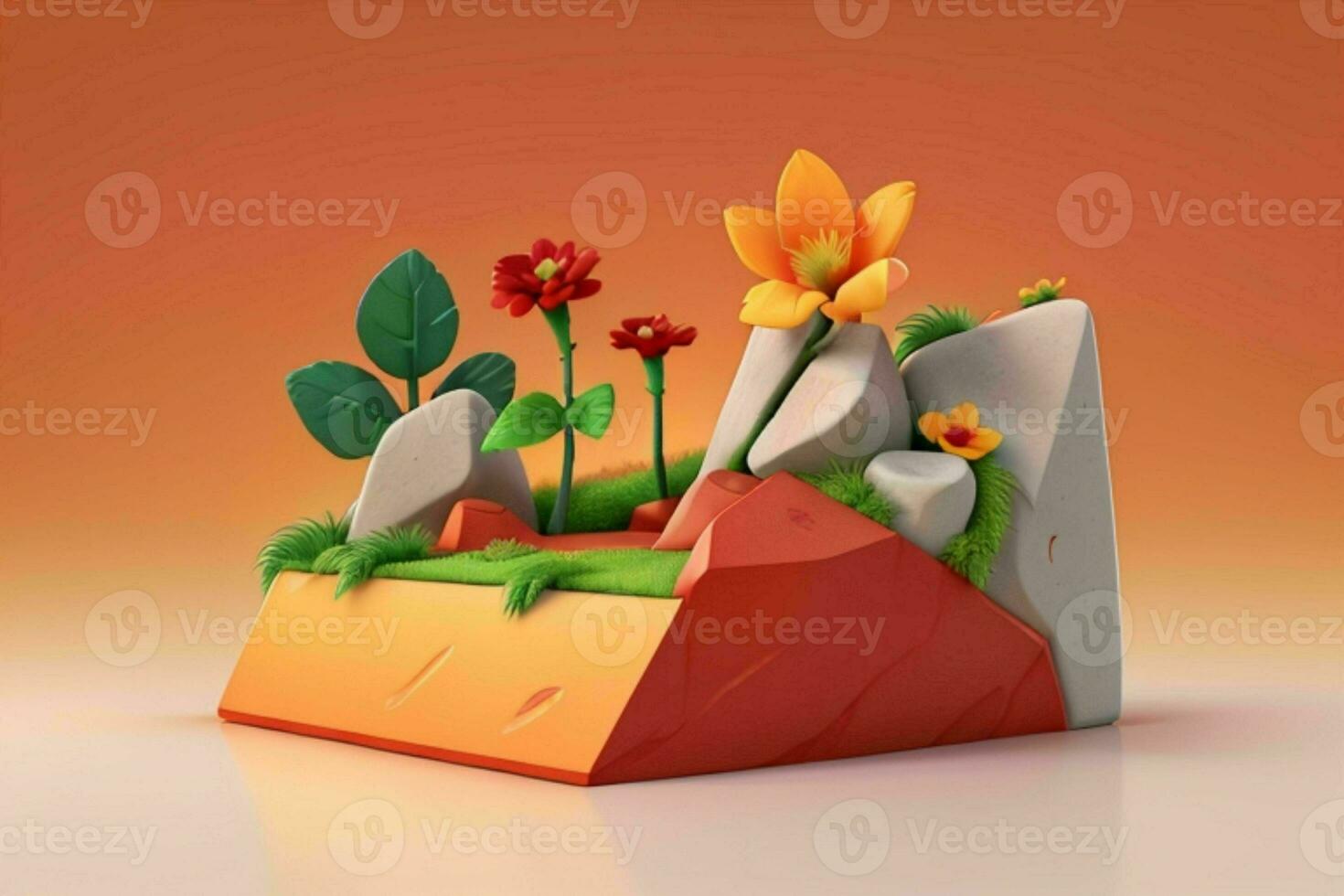 AI generated 3D display podium stone with flowers, green leaves, and rock for Presentation of the product. Pro Photo