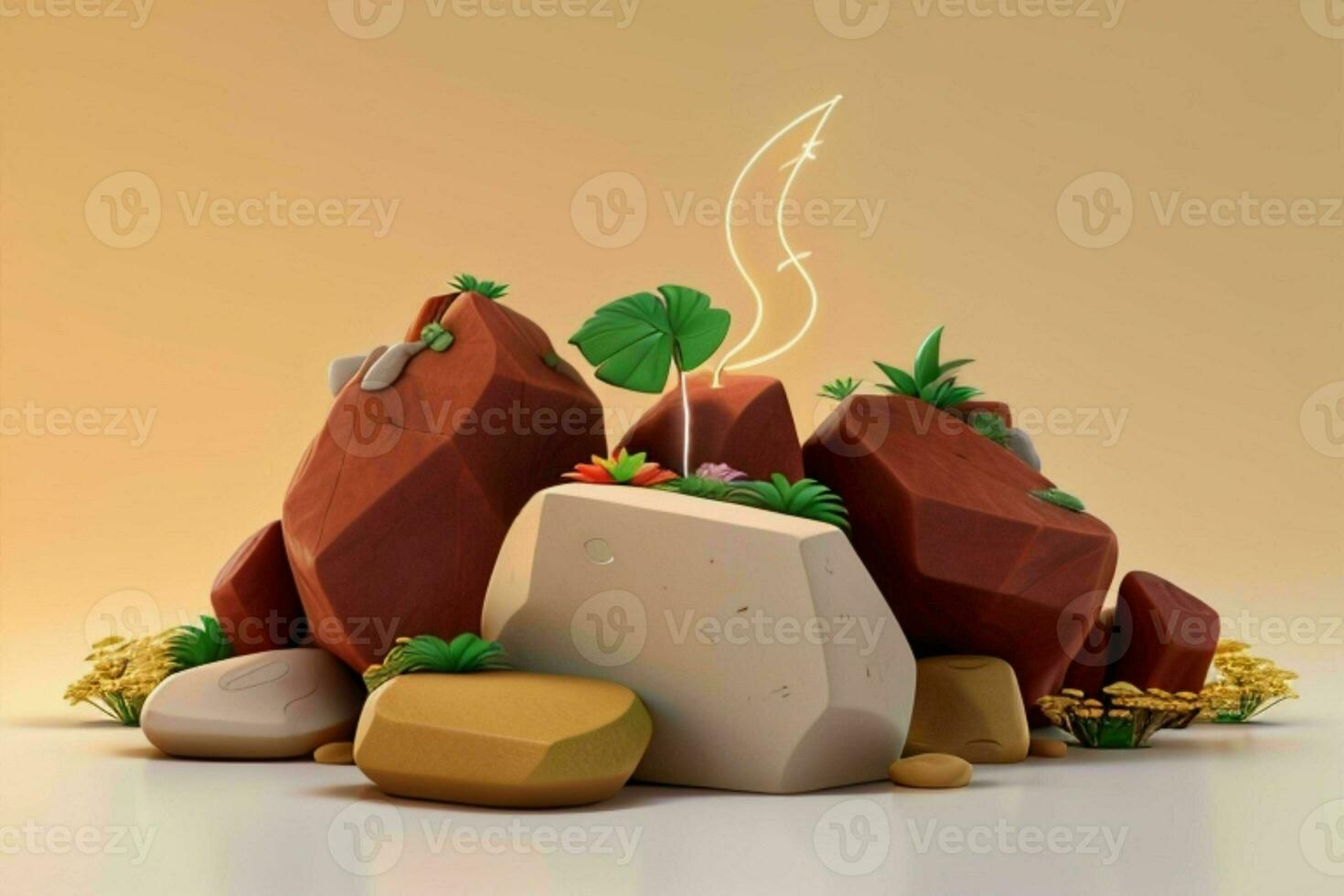 AI generated 3D display podium stone with flowers, green leaves, and rock for Presentation of the product. Pro Photo