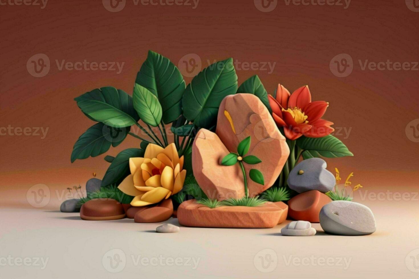 AI generated 3D display podium stone with flowers, green leaves, and rock for Presentation of the product. Pro Photo