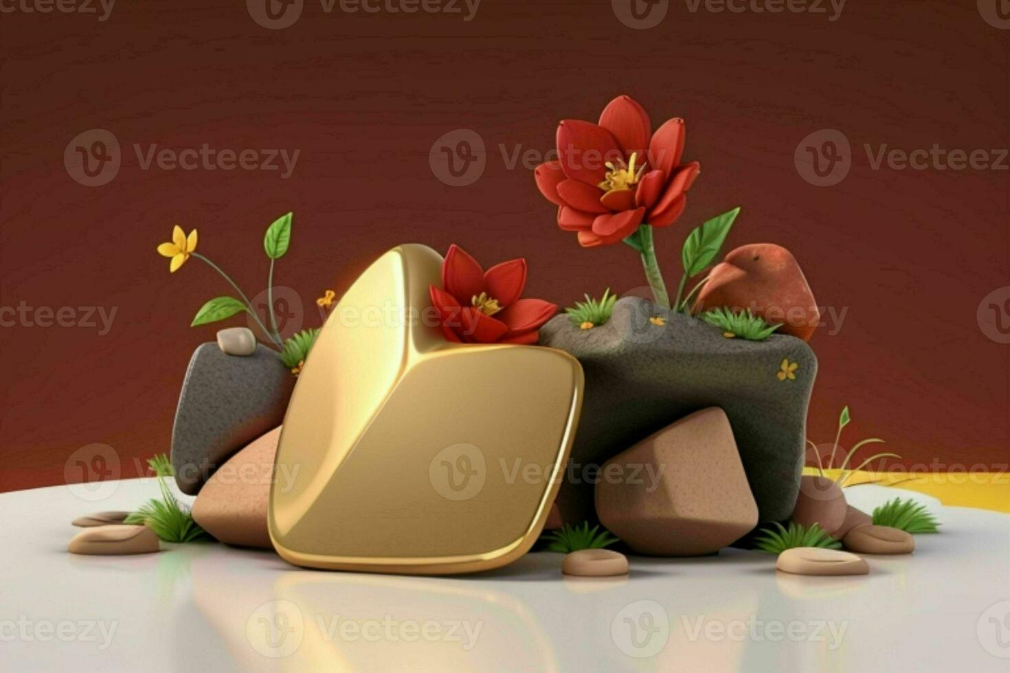 AI generated 3D display podium stone with flowers, green leaves, and rock for Presentation of the product. Pro Photo
