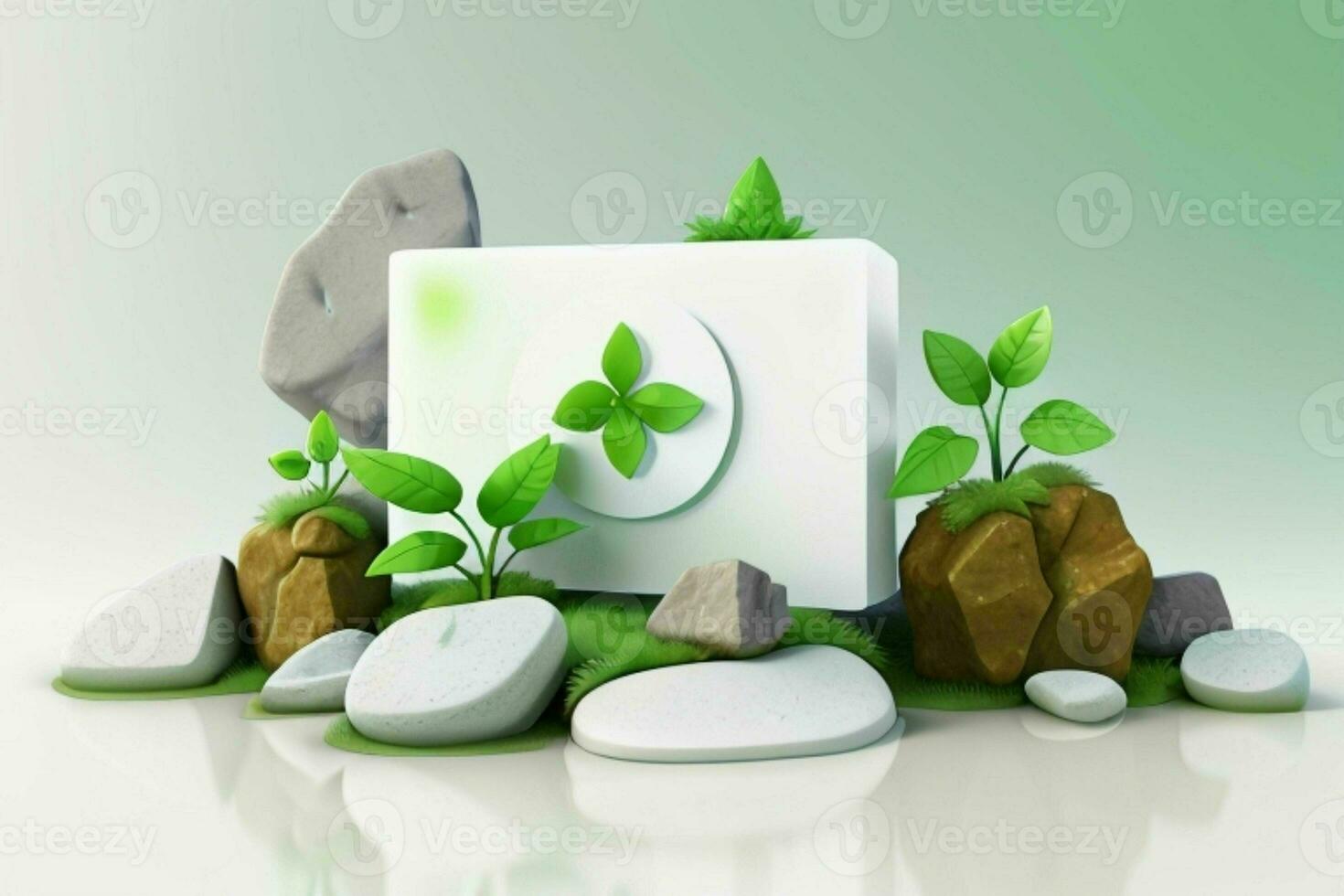 AI generated 3D display podium stone with flowers, green leaves, and rock for Presentation of the product. Pro Photo