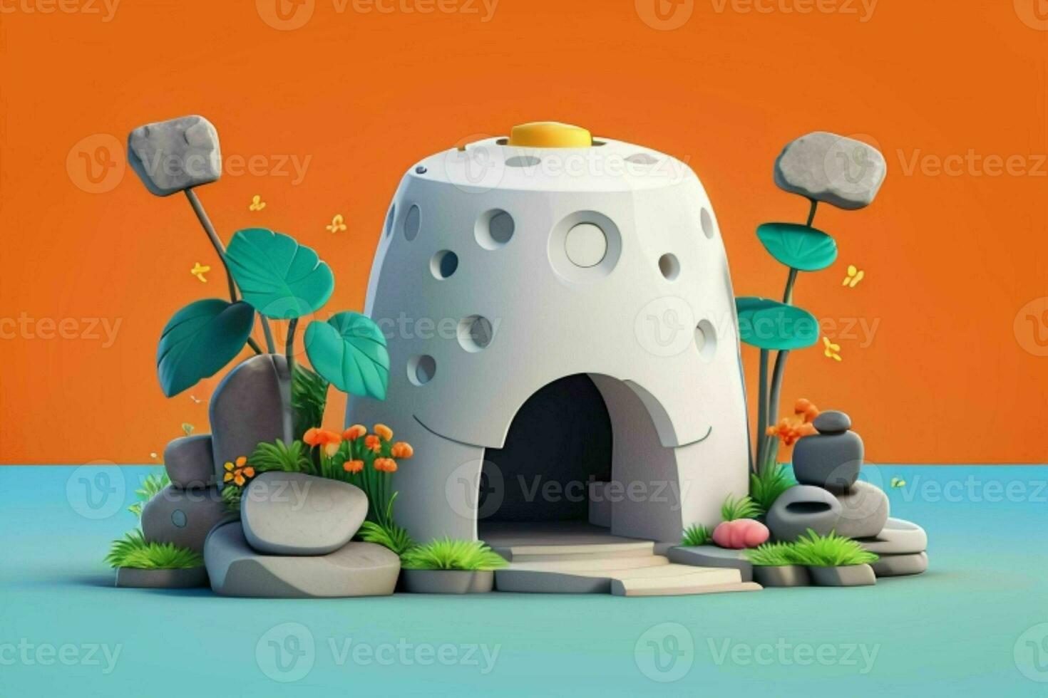 AI generated 3D display podium stone with flowers, green leaves, and rock for Presentation of the product. Pro Photo
