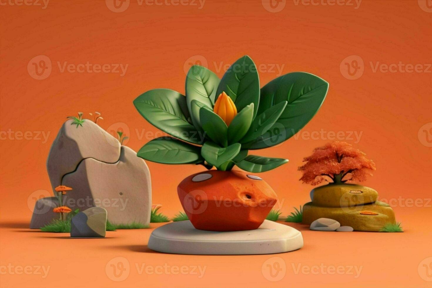 AI generated 3D display podium stone with flowers, green leaves, and rock for Presentation of the product. Pro Photo