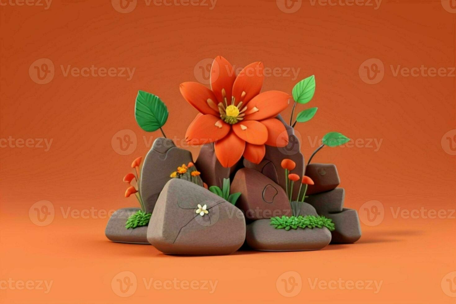 AI generated 3D display podium stone with flowers, green leaves, and rock for Presentation of the product. Pro Photo