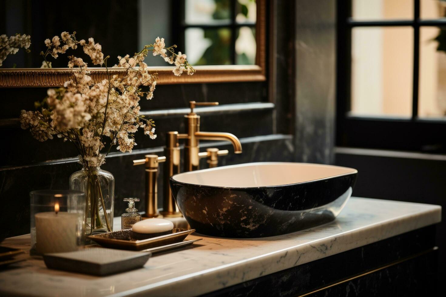 AI generated a bathroom sink with flowers and a mirror photo