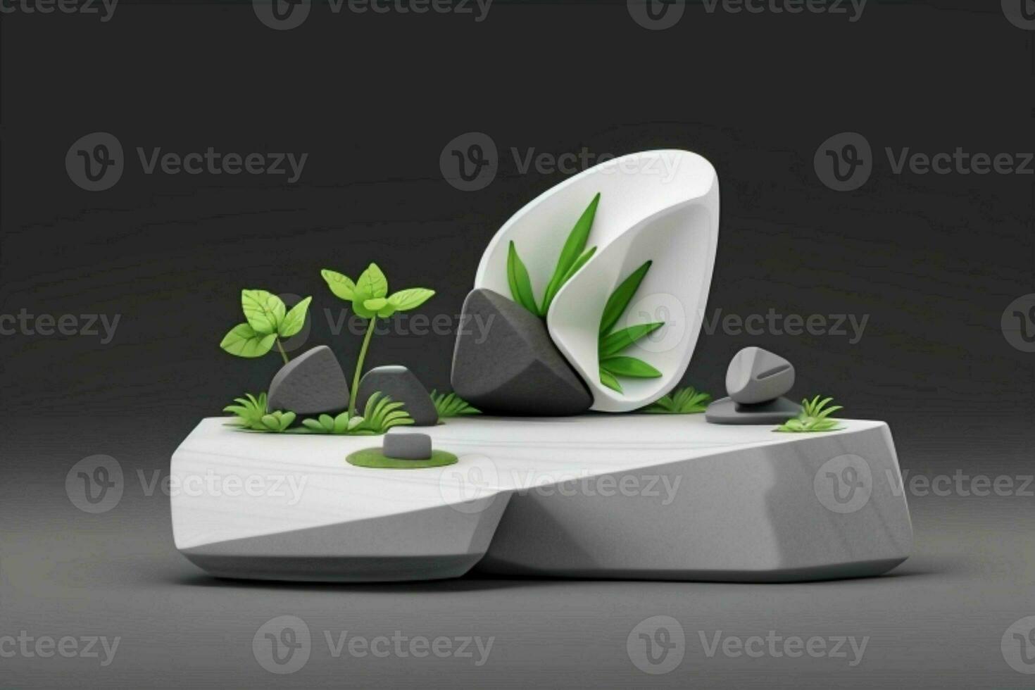 AI generated 3D display podium stone with flowers, green leaves, and rock for Presentation of the product. Pro Photo