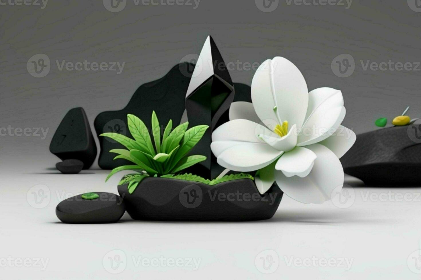 AI generated 3D display podium stone with flowers, green leaves, and rock for Presentation of the product. Pro Photo