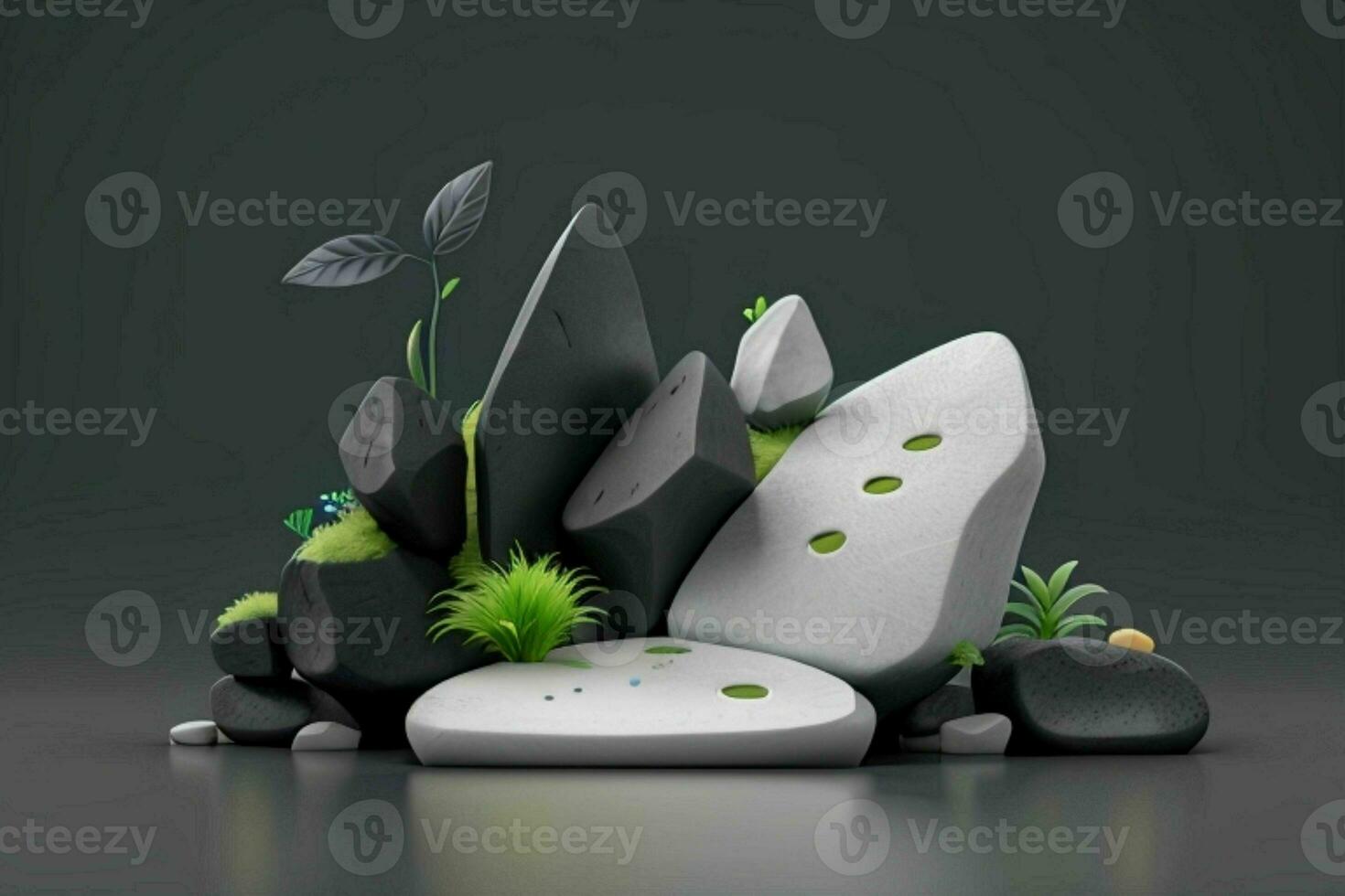 AI generated 3D display podium stone with flowers, green leaves, and rock for Presentation of the product. Pro Photo