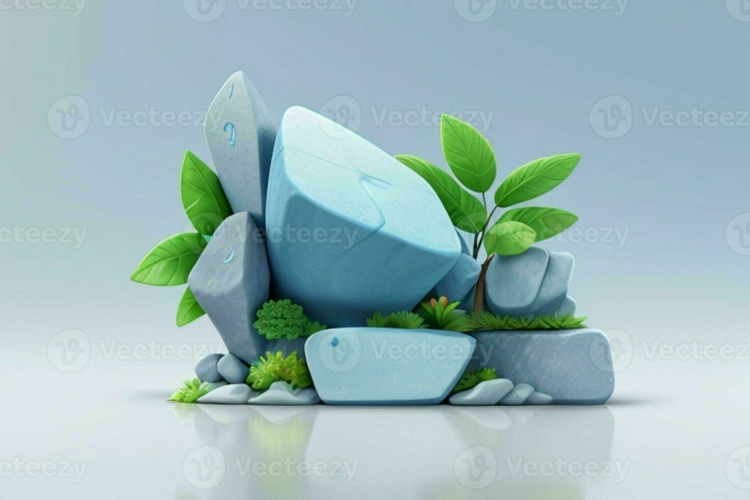 AI generated 3D display podium stone with flowers, green leaves, and rock for Presentation of the product. Pro Photo