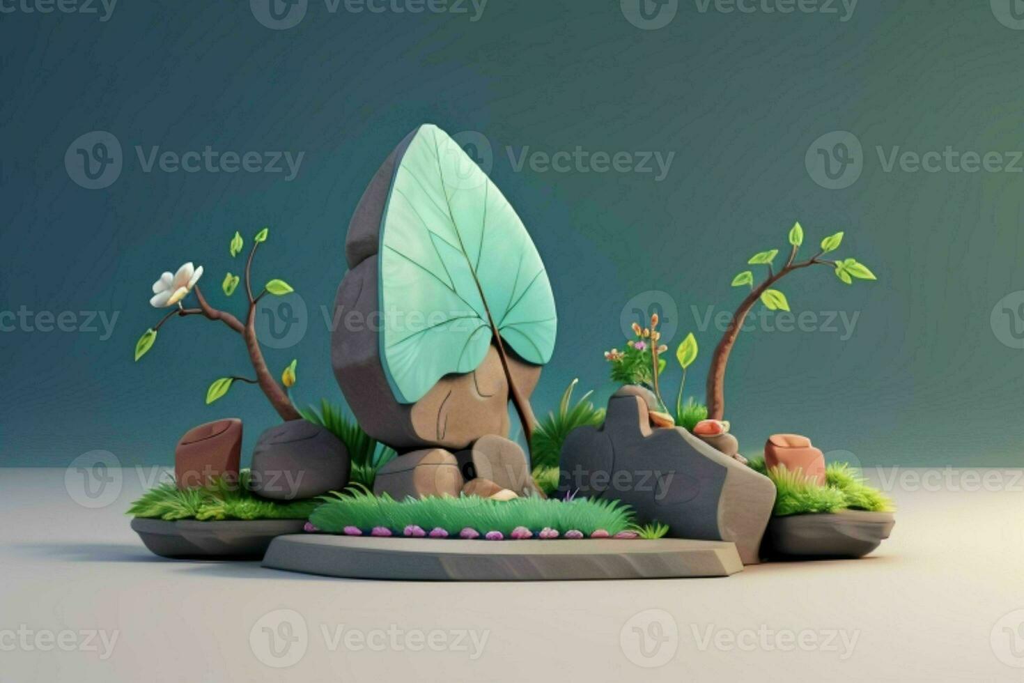 AI generated 3D display podium stone with flowers, green leaves, and rock for Presentation of the product. Pro Photo