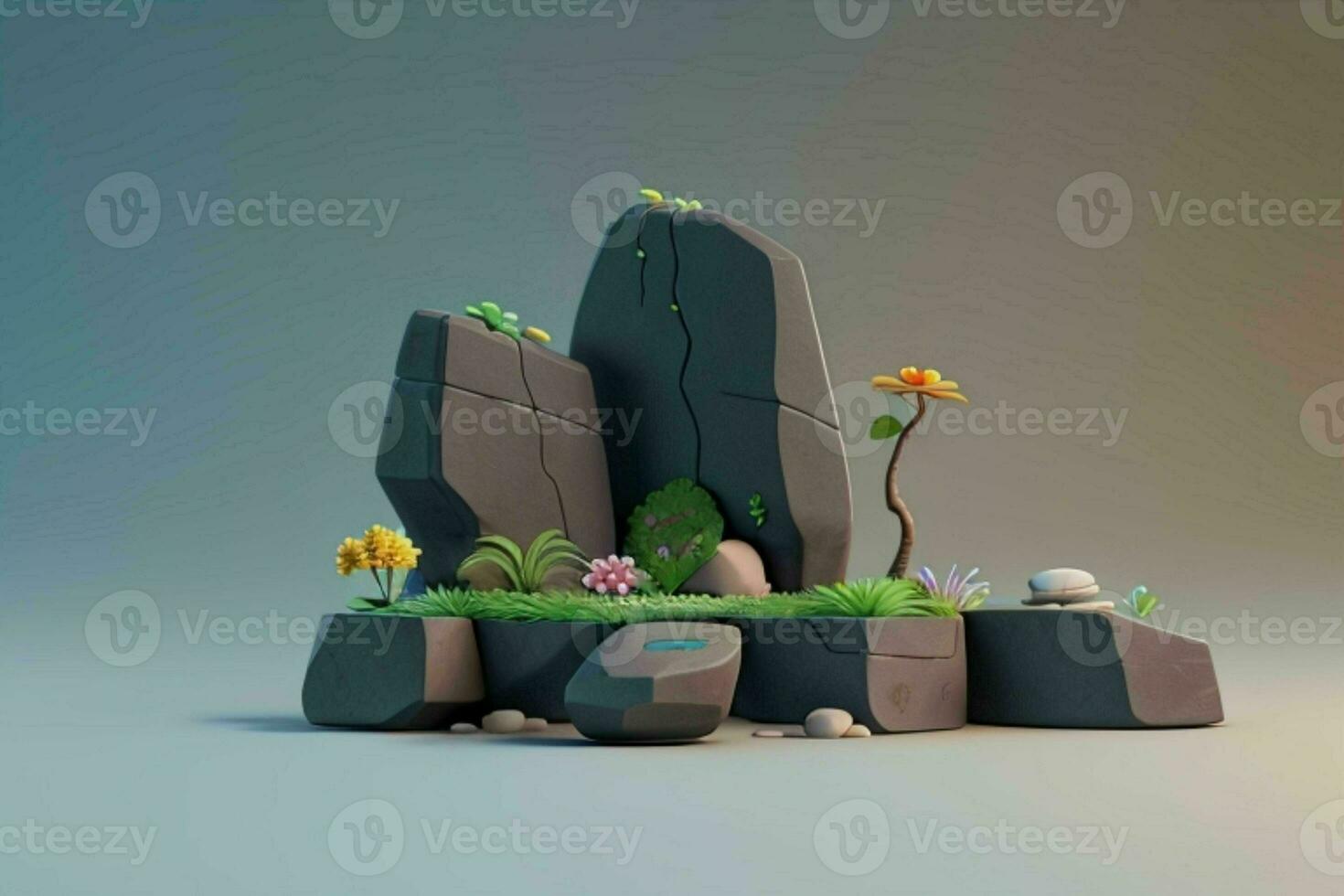 AI generated 3D display podium stone with flowers, green leaves, and rock for Presentation of the product. Pro Photo