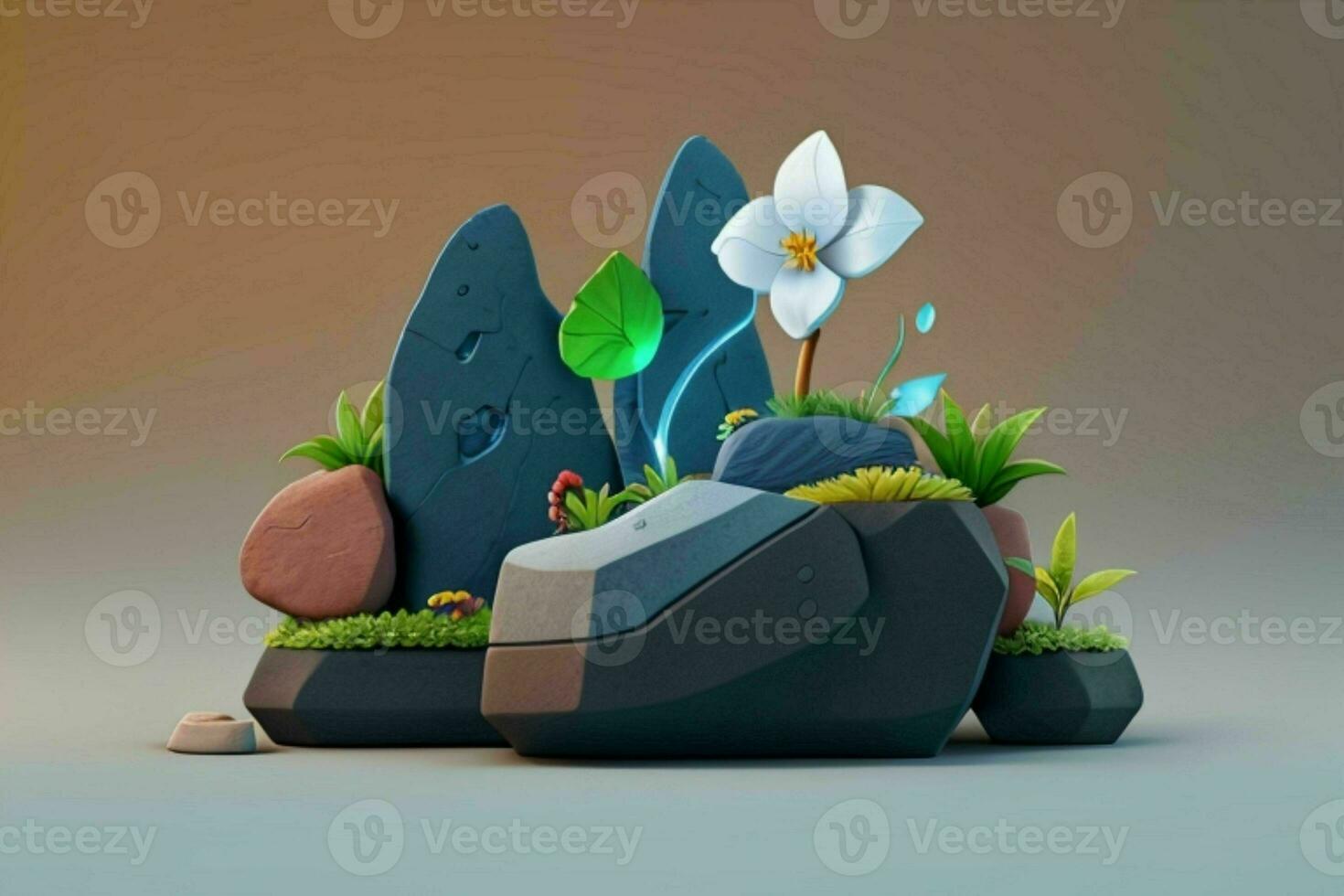 AI generated 3D display podium stone with flowers, green leaves, and rock for Presentation of the product. Pro Photo