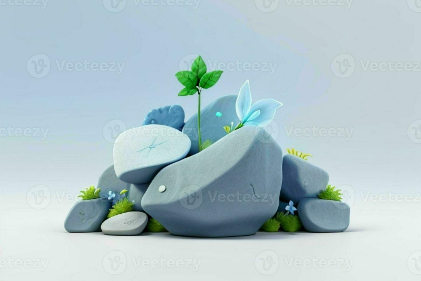 AI generated 3D display podium stone with flowers, green leaves, and rock for Presentation of the product. Pro Photo