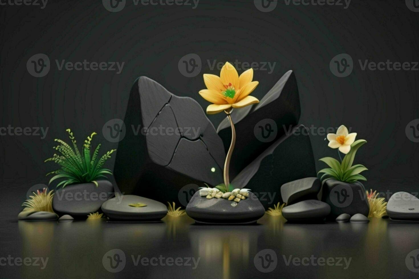 AI generated 3D display podium stone with flowers, green leaves, and rock for Presentation of the product. Pro Photo