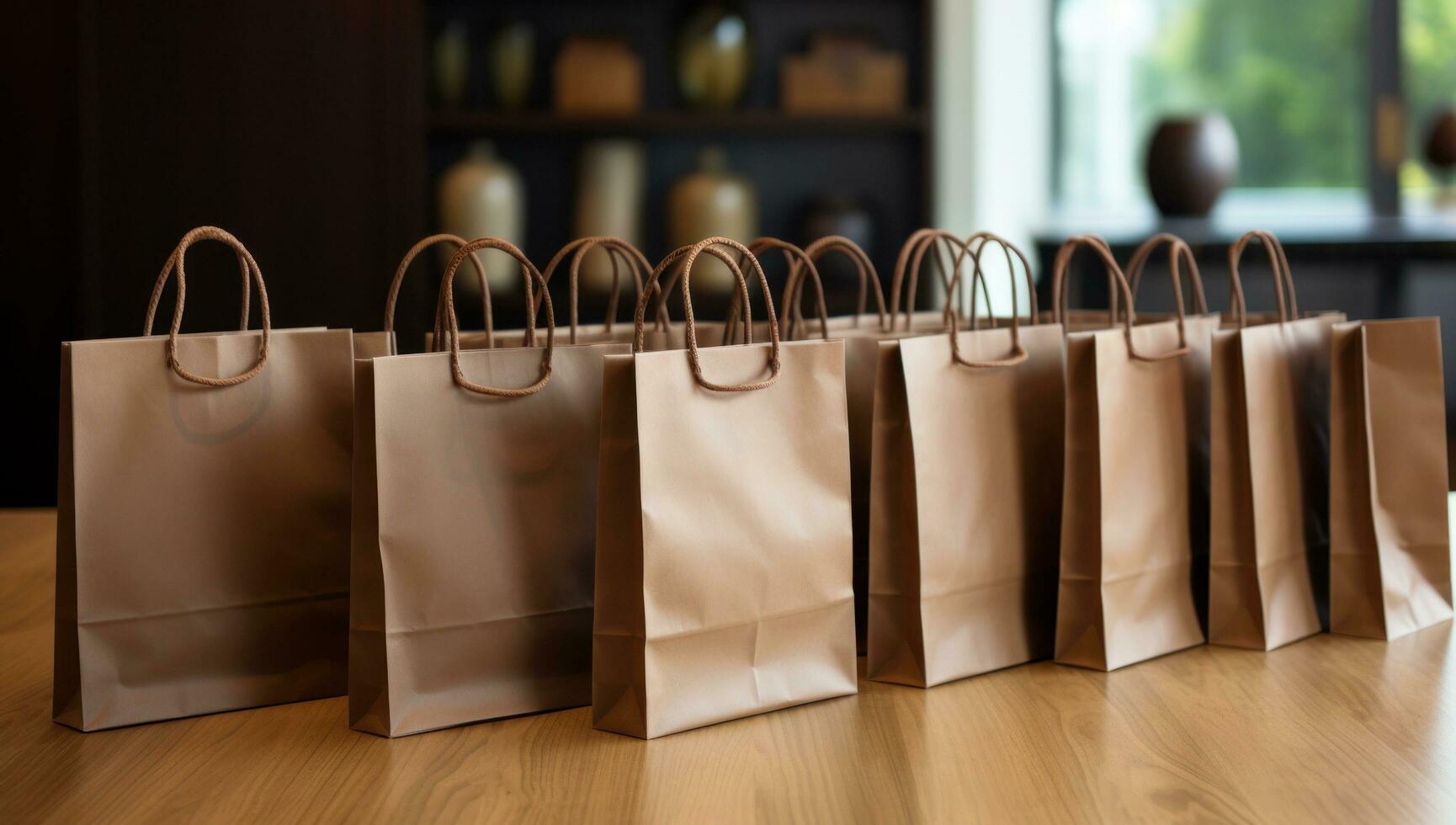 AI generated a brown paper shopping bag that is on the wooden table photo