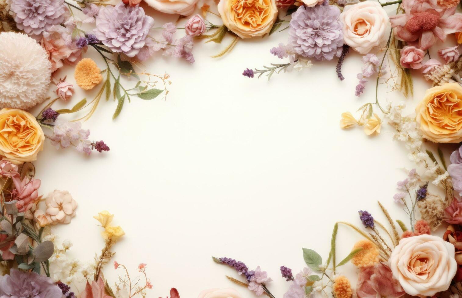 AI generated a frame decorated with purple and white flowers. photo