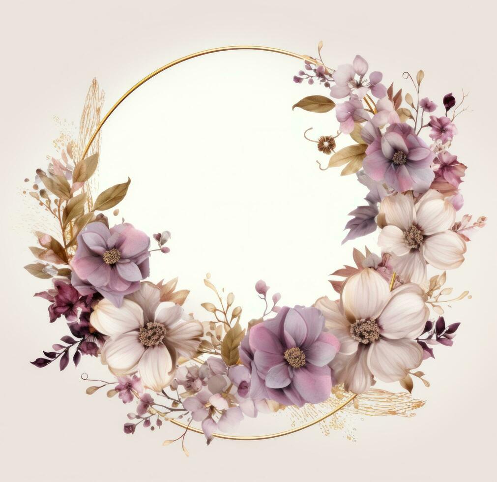 AI generated a frame decorated with purple and white flowers. photo