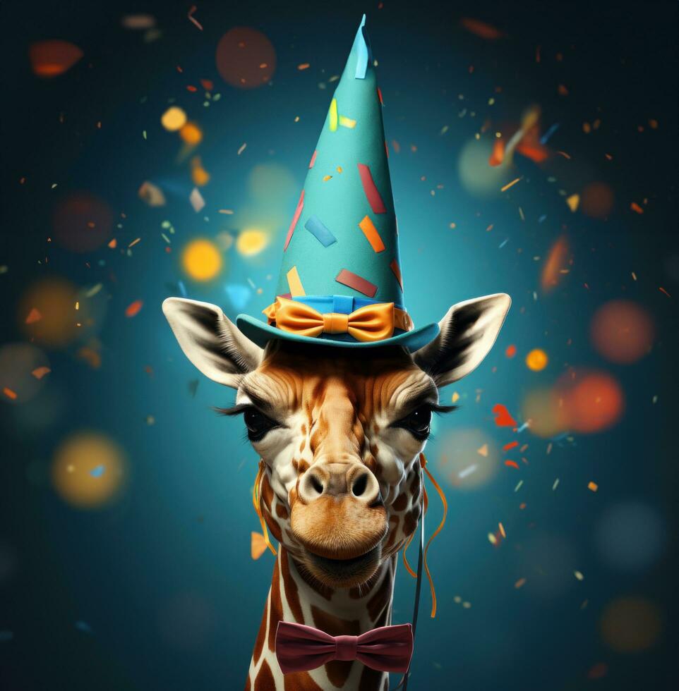 ai generado un jirafa en un cumpleaños sombrero foto