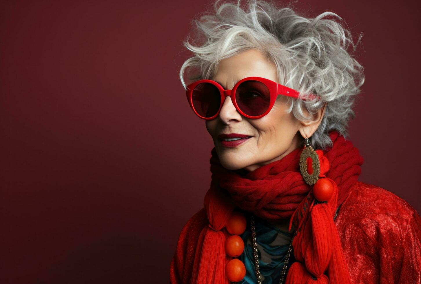AI generated a grandmother with grey hair wearing red sunglasses photo
