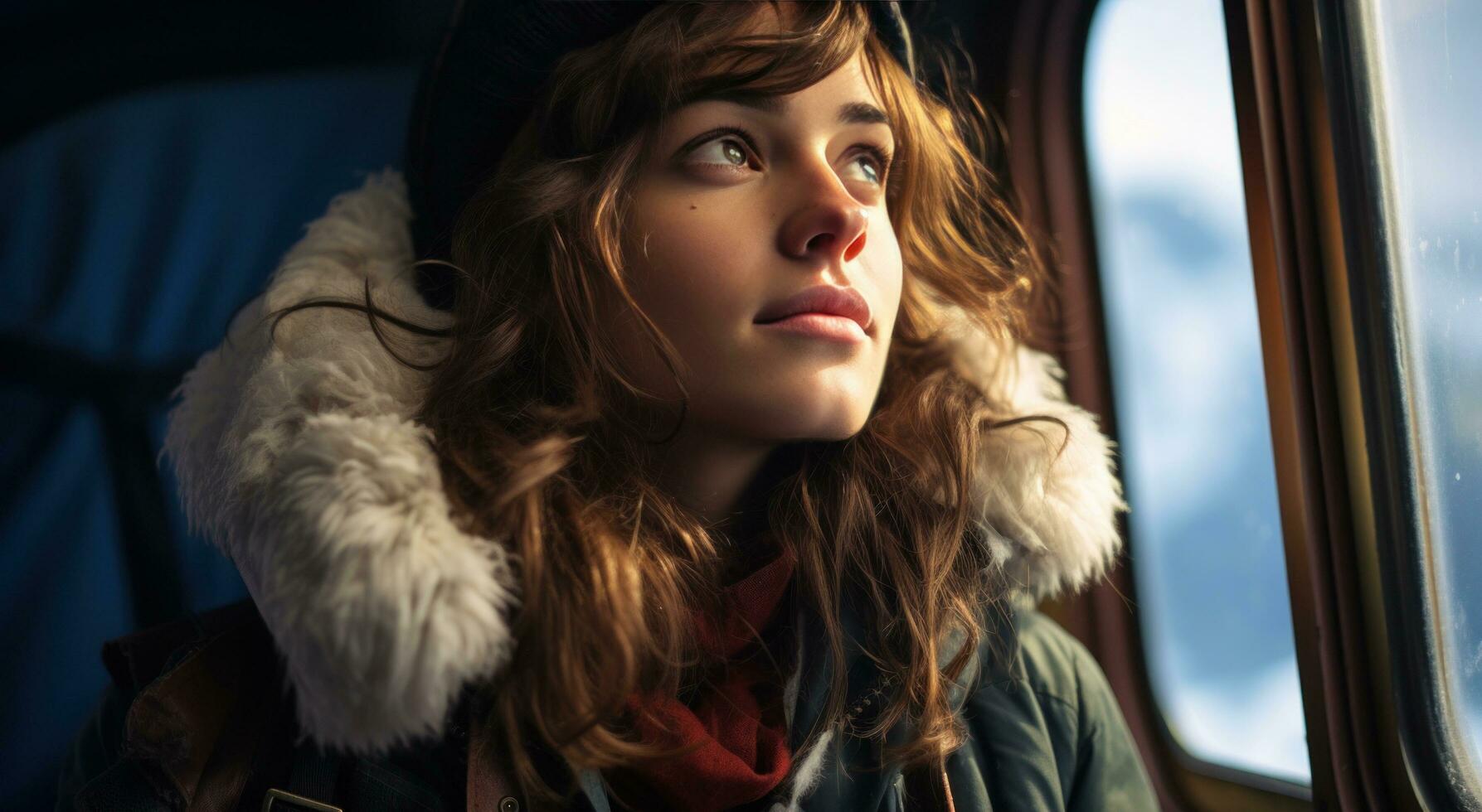 AI generated a girl looking out of a train window at the snowy mountains photo