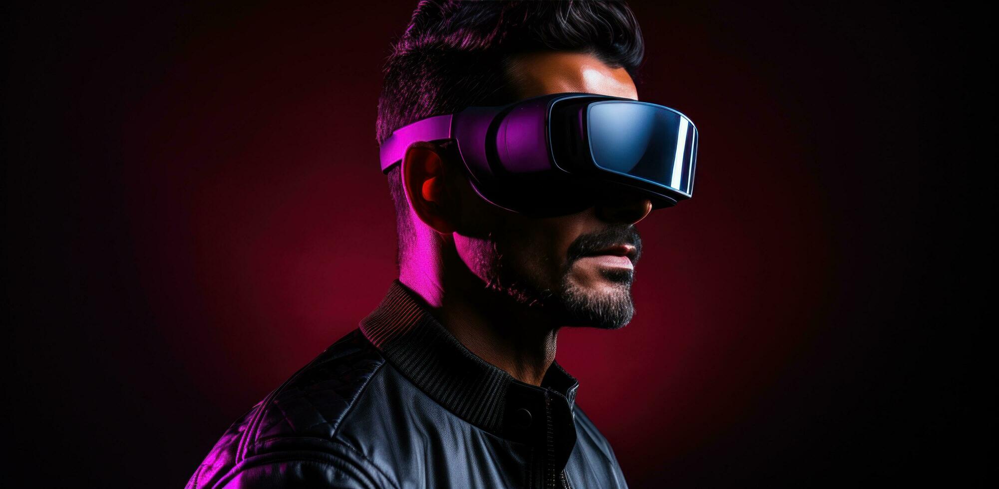 AI generated a man in a vr glasses on a dark background photo