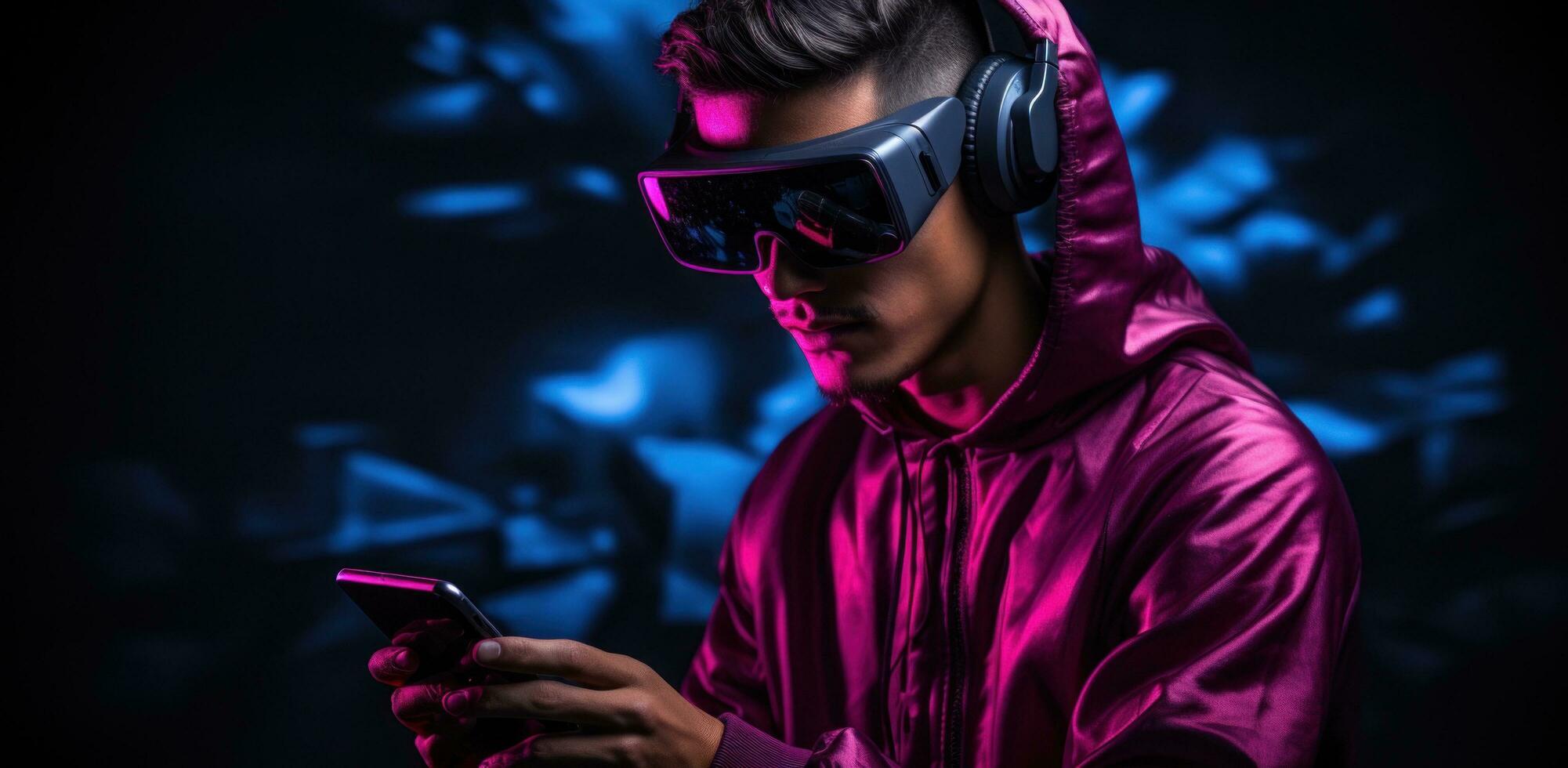 AI generated a man in a vr glasses on a dark background photo