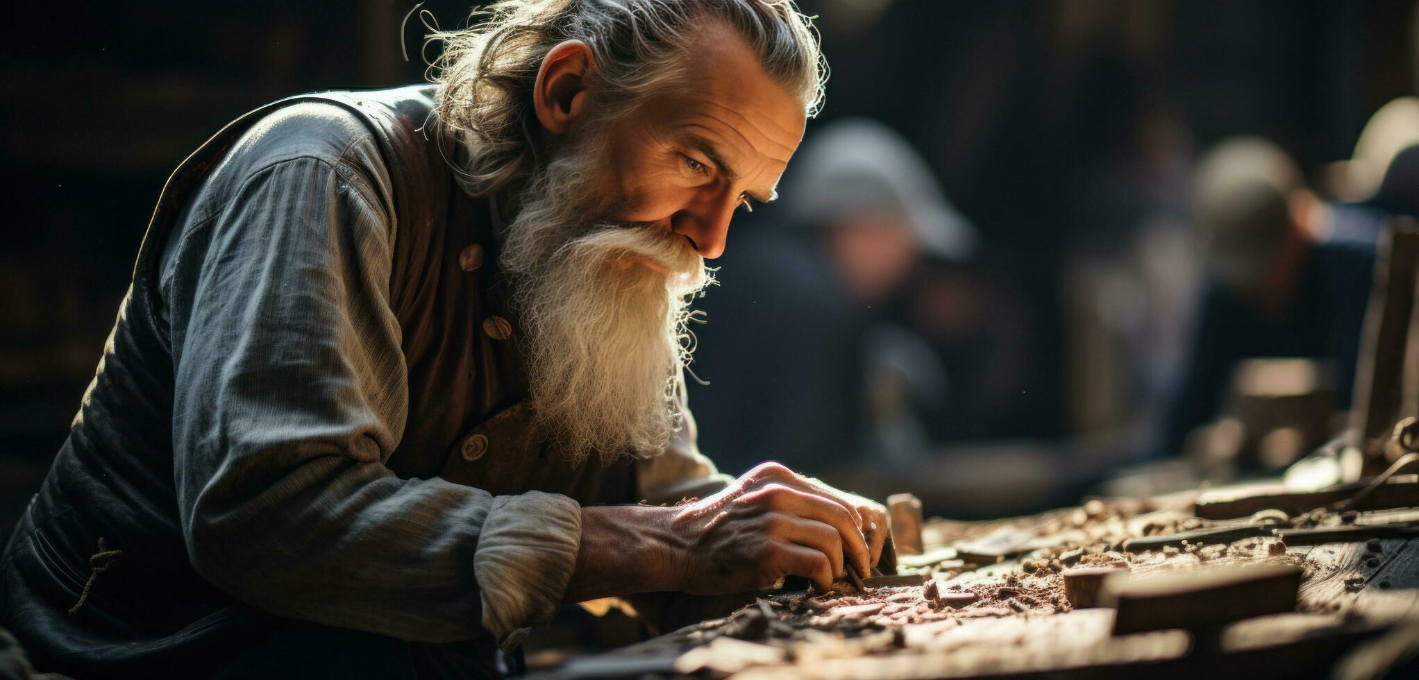 AI generated a man is down wood in his workshop photo