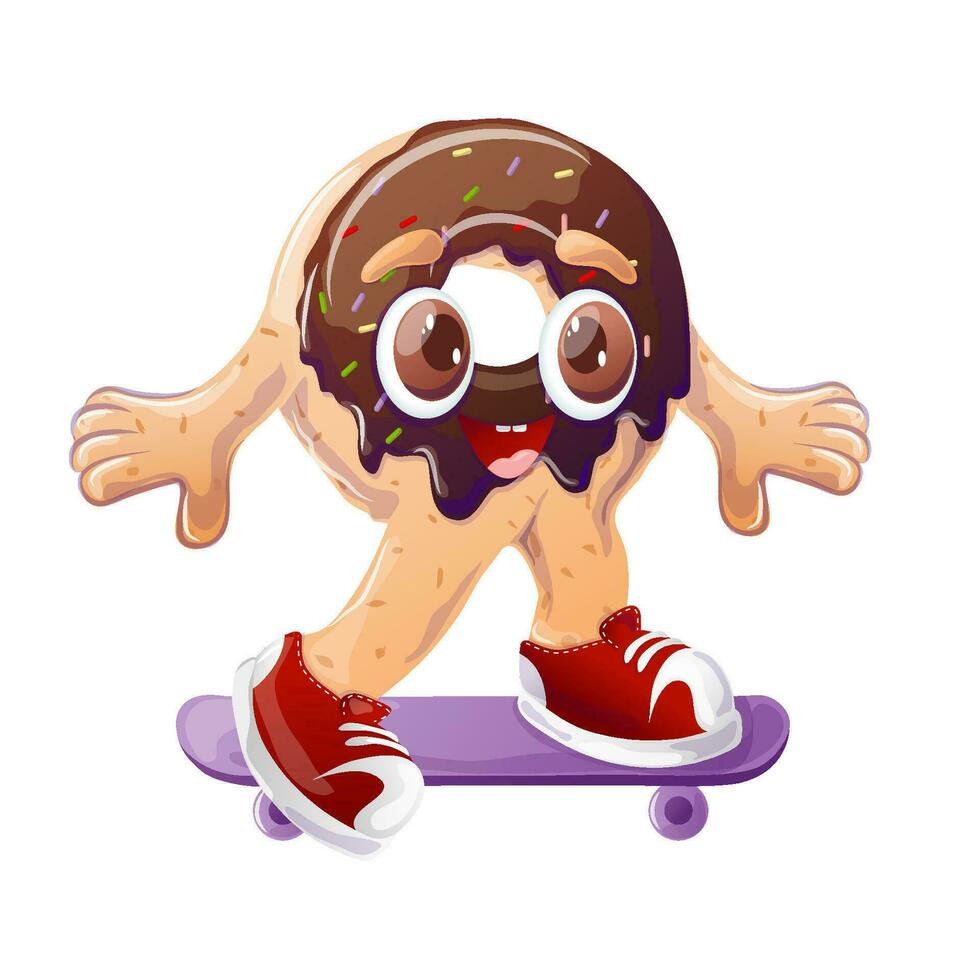 chocolate rosquilla en un patineta. postre. divertido personaje. retro dibujos animados vector ilustración para imprimir, bandera, menú para cafetería, restaurante, bar.