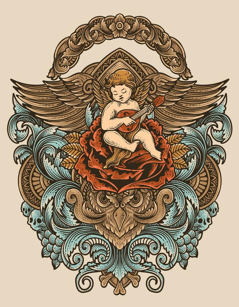 Illustration vector cupid angel playing guitar sitting on rose with engraving ornament