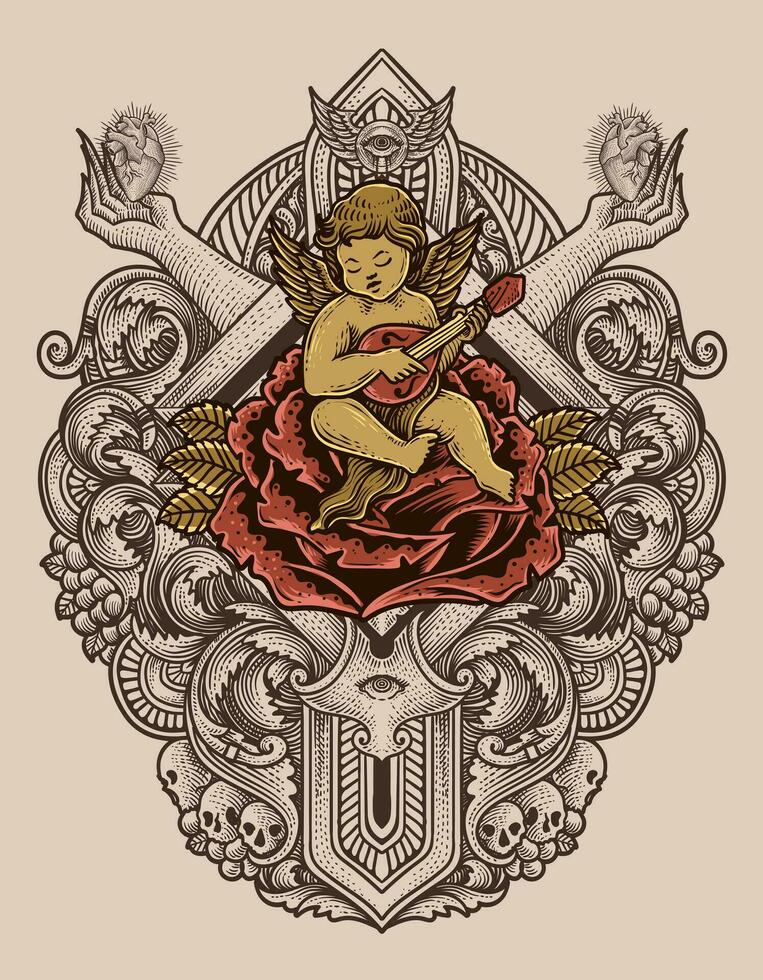 Illustration vector cupid angel playing guitar sitting on rose with engraving ornament