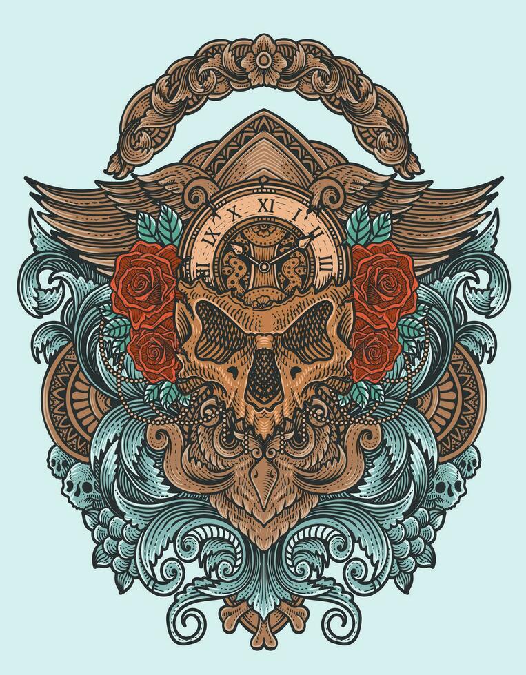 Illustration hand drawn. Skull clock head with rose flower - Antique engraving ornament vector