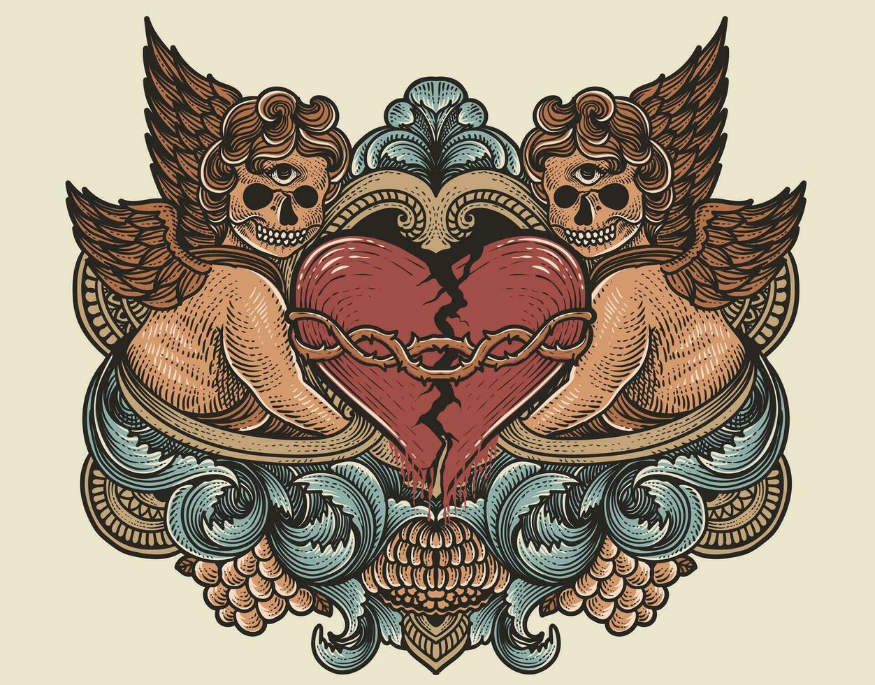 ilustración mano dibujado. roto corazón con grabado ornamento marco vector