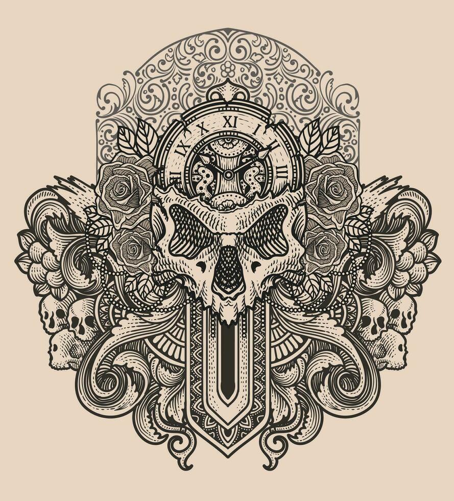 Illustration hand drawn. Skull clock head with rose flower - Antique engraving ornament vector