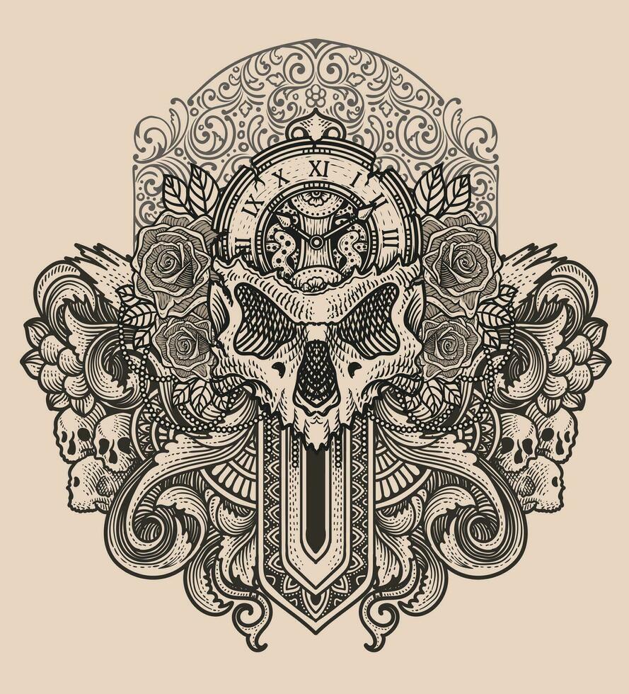 ilustración mano dibujado. cráneo reloj cabeza con Rosa flor - antiguo grabado ornamento vector