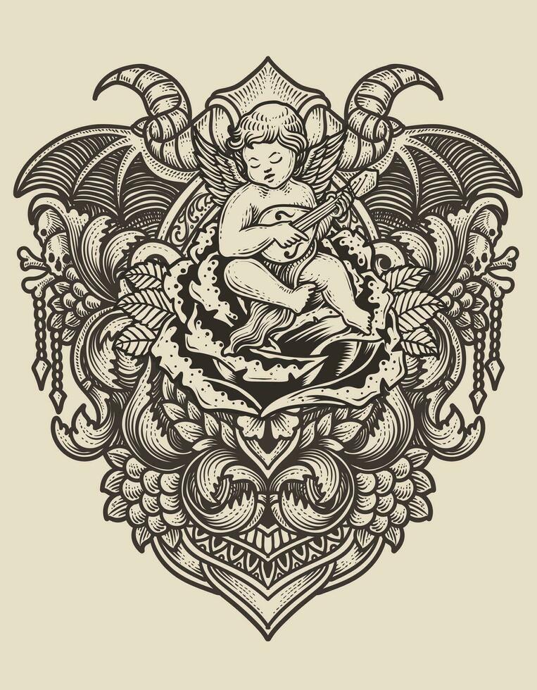 ilustración vector Cupido ángel jugando guitarra sentado en Rosa con grabado ornamento