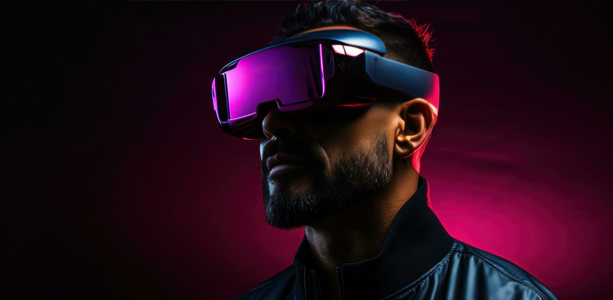 AI generated a man in a vr glasses on a dark background photo