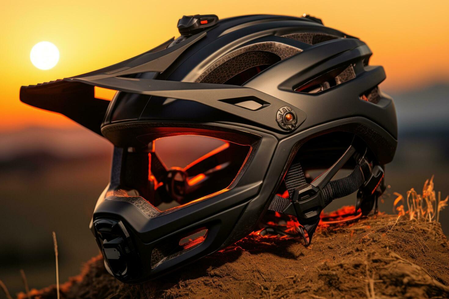 AI generated a mountain biker, wearing a helmet and sunglasses, is riding in the sunset photo