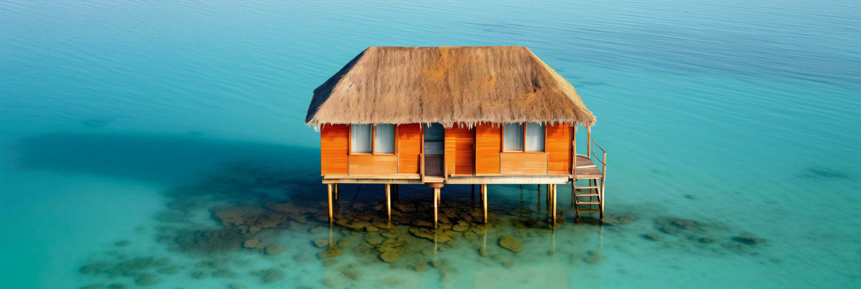 AI generated Overhead Shot of Solitary Stilt Bungalow Above Tranquil Ocean with Space for Text photo