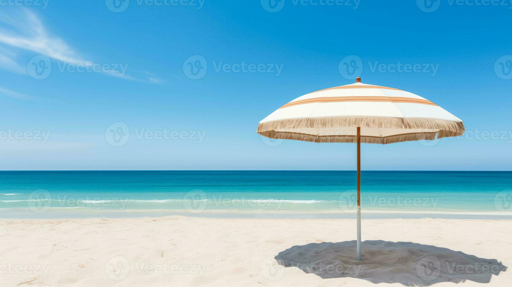 AI generated Solitary Beach Umbrella Offering Shade on Gleaming White Sands with Sunny Seaside Backdrop and Copyspace for Text photo