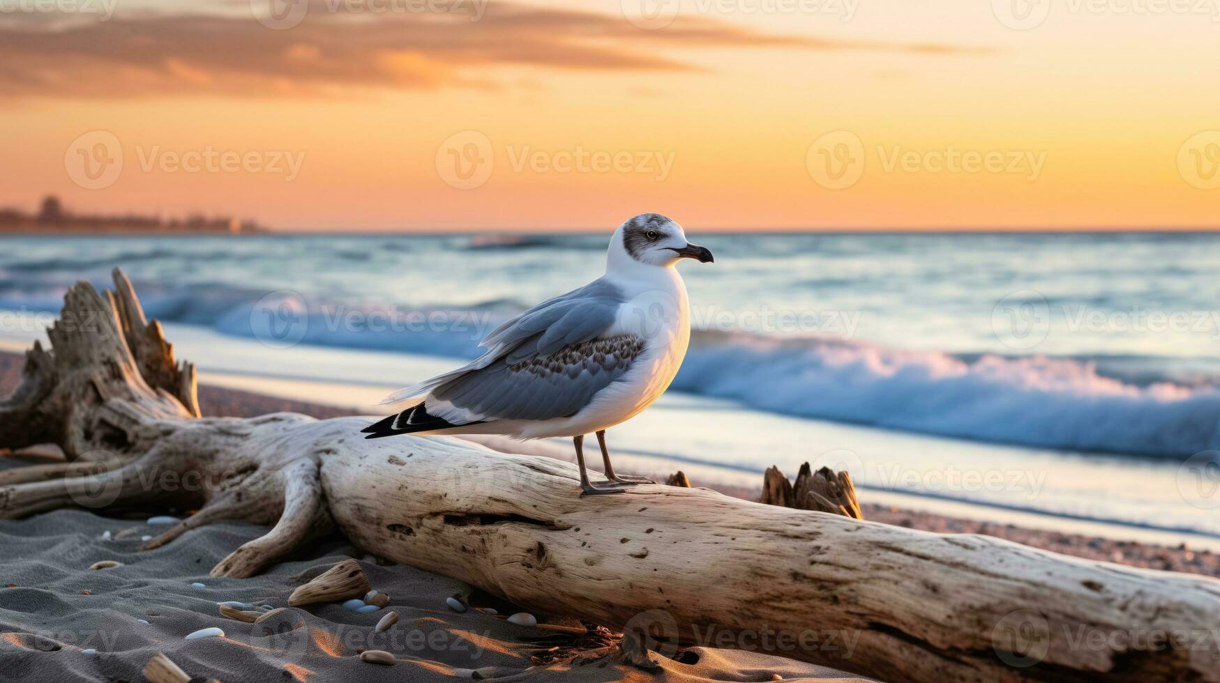 ai generado un Gaviota descansando en madera flotante durante noche en un aislado playa con Copiar espacio antecedentes foto