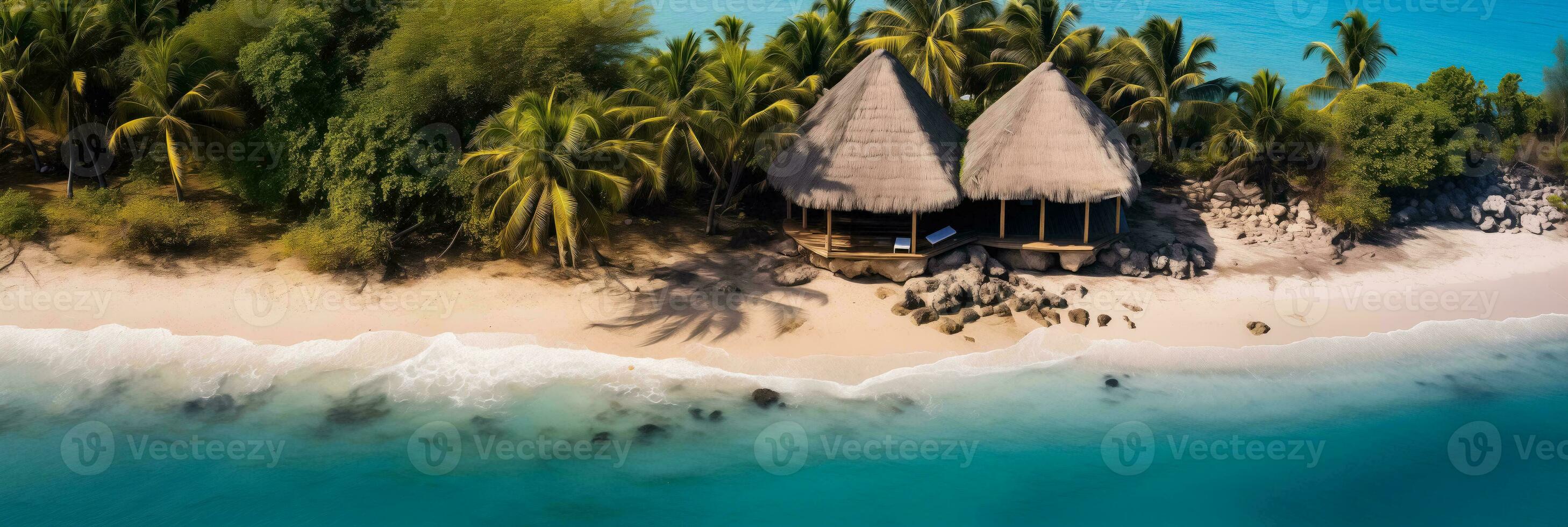 AI generated A solitary thatched hut on a remote tropical beach with plenty of copy space, captured by a drone photo