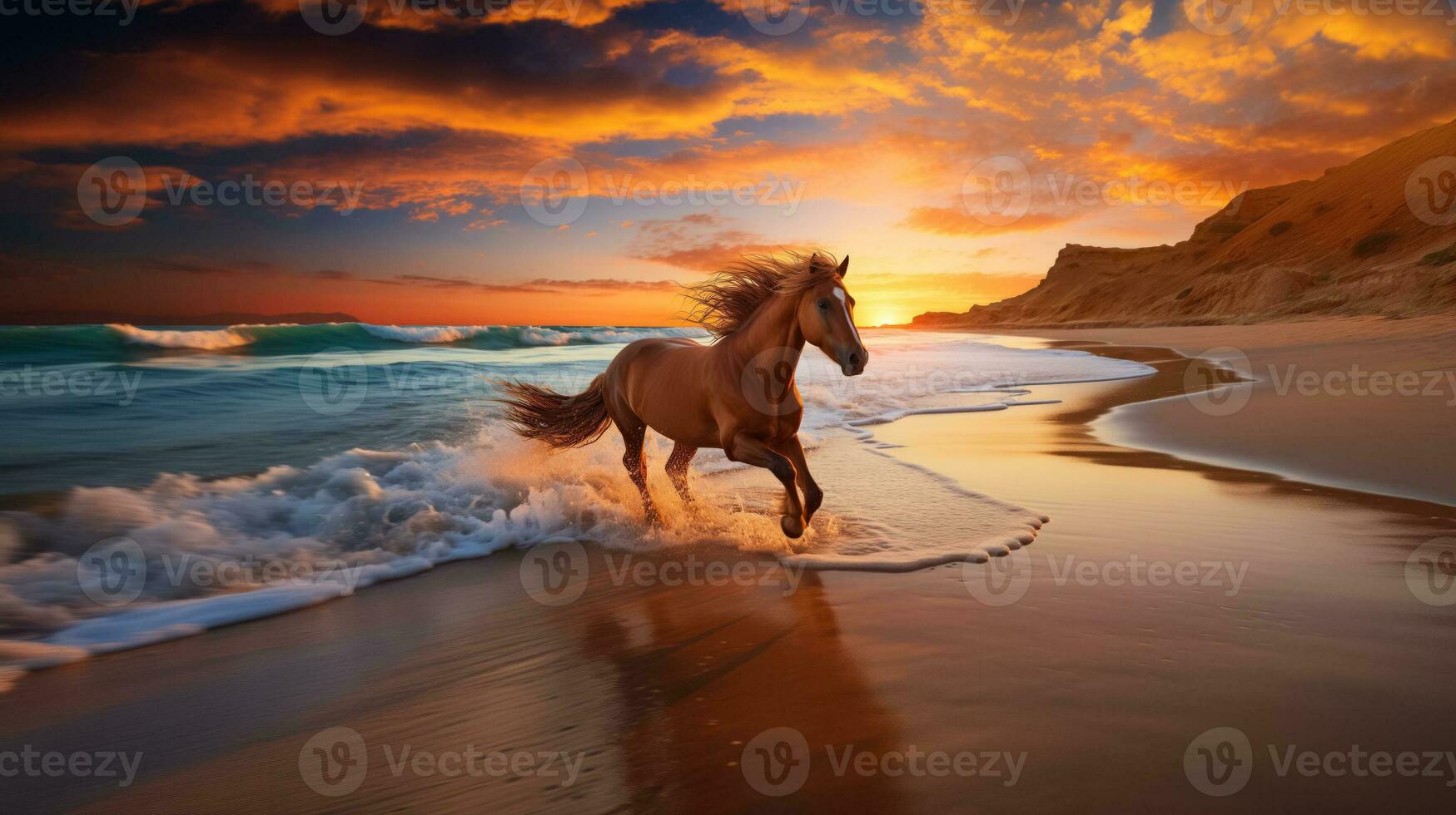 ai generado equino silueta a pintoresco playa con vistoso amanecer y copyspace foto