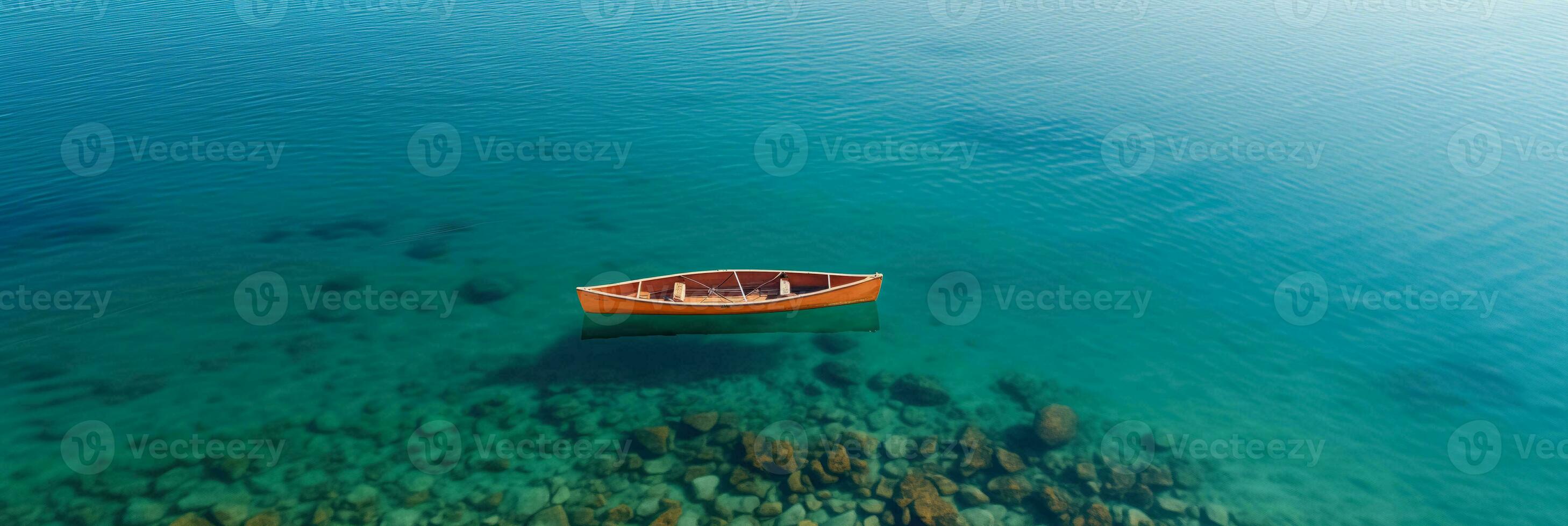 AI generated Overhead Shot of a Single Canoe on a Tranquil Lagoon with Copy Space photo