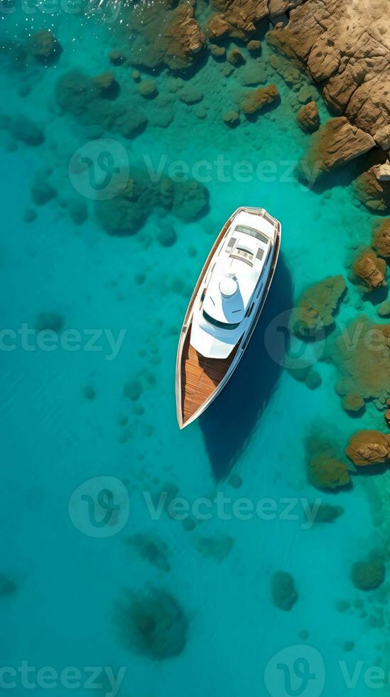 AI generated Top Down Shot of a Single Yacht by a Coral Reef with Space for Copy photo