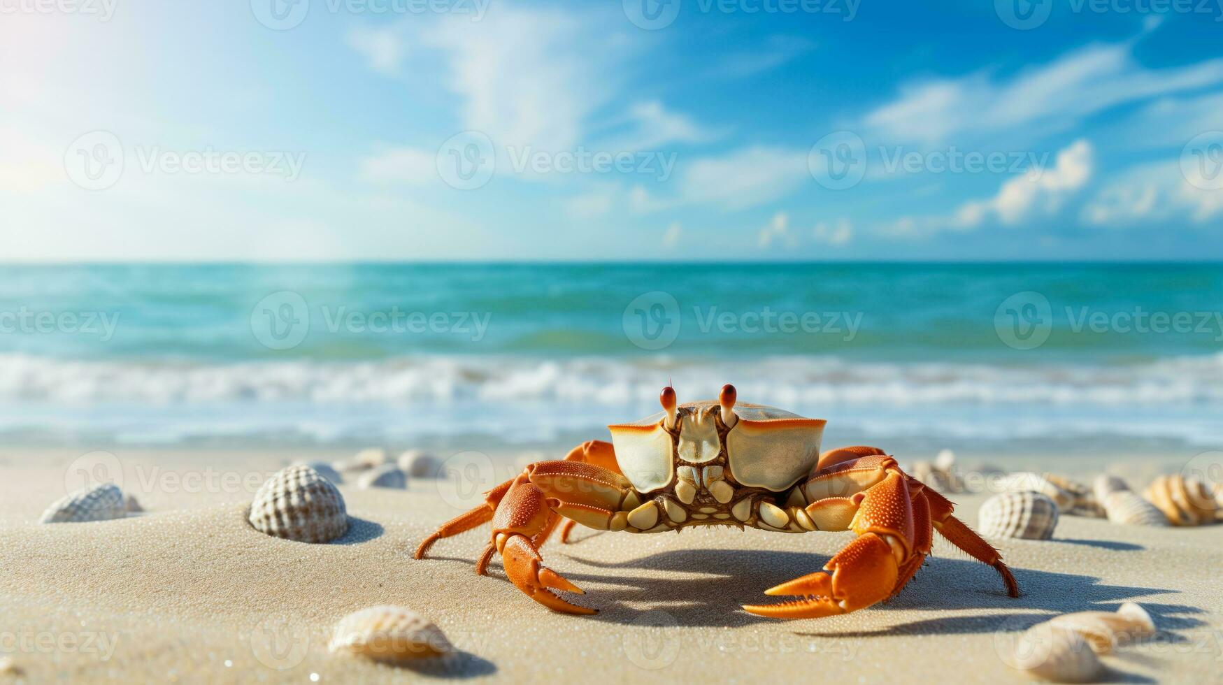 AI generated Hermit Crab Trekking on Golden Beach with Tropical Island Backdrop and Space for Text photo
