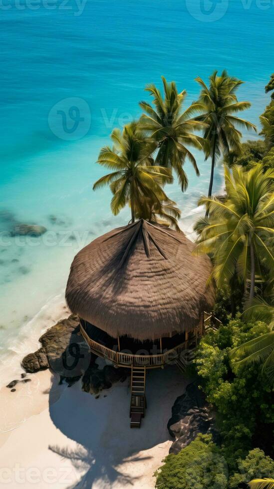 AI generated Single Thatched Hut on Tropical Shore from Above with Copy Space   Drone View photo