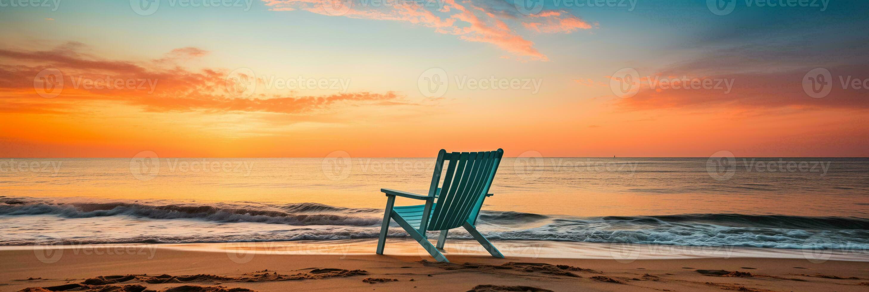 ai generado idílico imagen de un soltero playa silla con vista a el mar a puesta de sol con amplio Copiar espacio foto