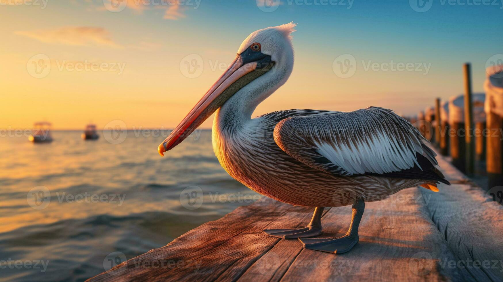 ai generado puesta de sol terminado el Oceano con pelícano encaramado en un muelle y copyspace para texto foto